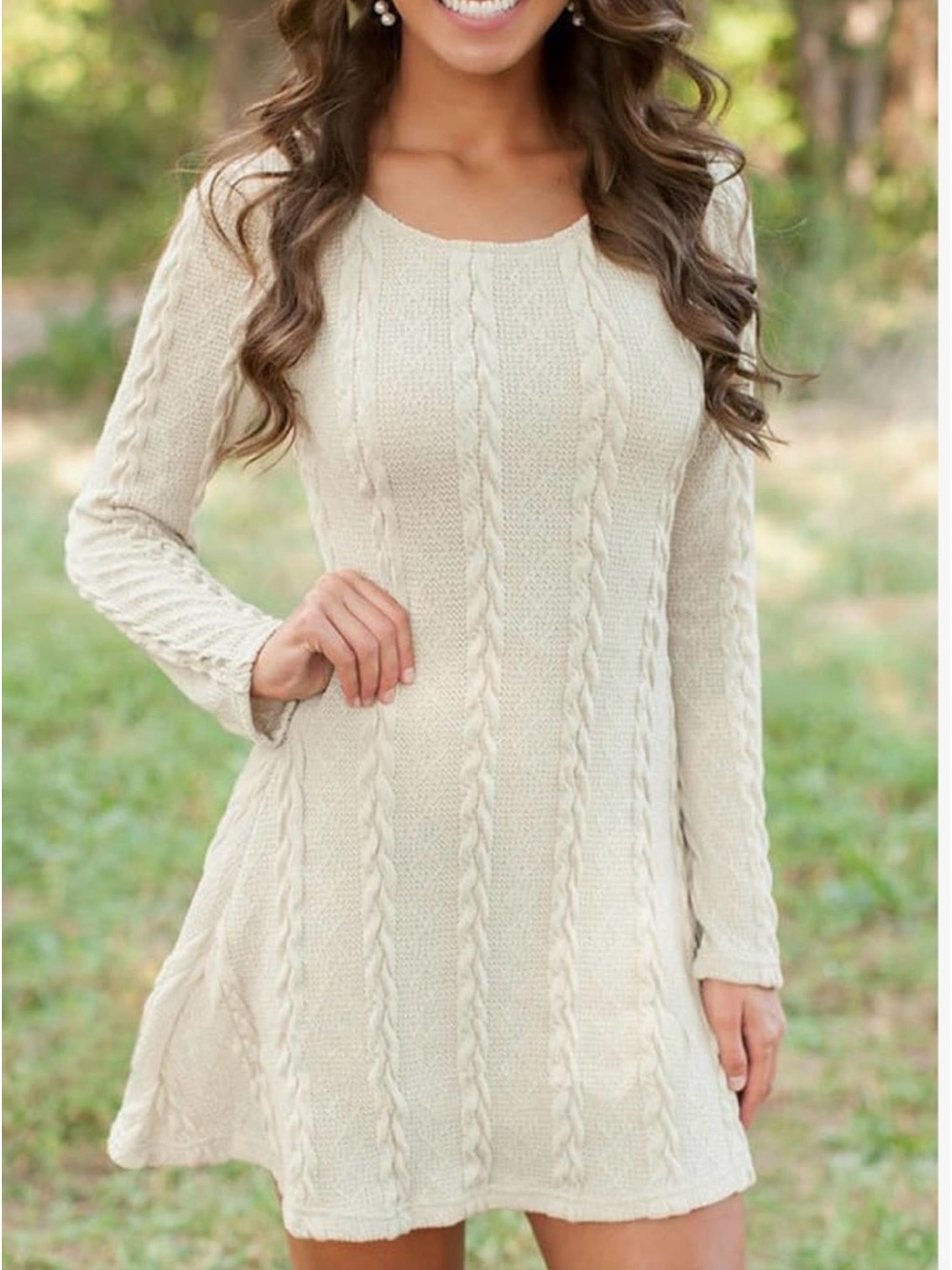 Cream Cable-Knit Long Sleeve Sweater Dress
